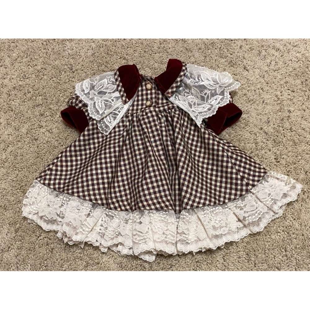 Vintage Maroon Plaid Velvet Lace Collar Christmas Dress 6-9 Months Made In USA - Picture 3 of 6